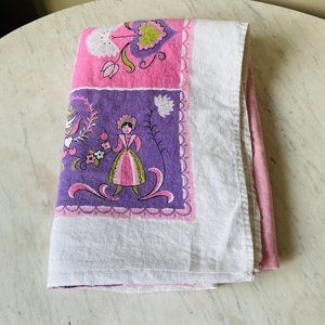 Vintage MCM Tablecloth Linen Easter Queen King Retro Purple Pink  Size 51 x 67